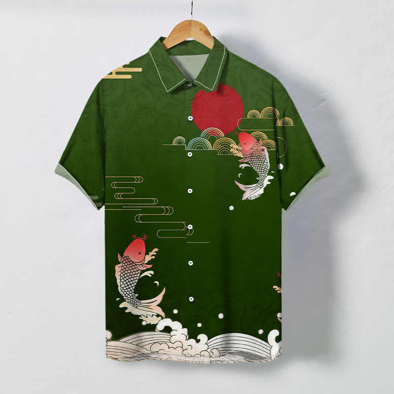 Buddha Stones Chemise à manches courtes respirante pour homme, motif vagues de carpes koï rouges et soleil rouge - Vert forêt - US/UK/AU48，EU58 (4XL) - image 6