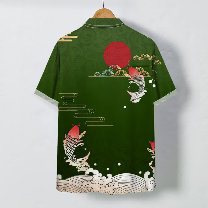 Buddha Stones Chemise à manches courtes respirante pour homme, motif vagues de carpes koï rouges et soleil rouge - image 7