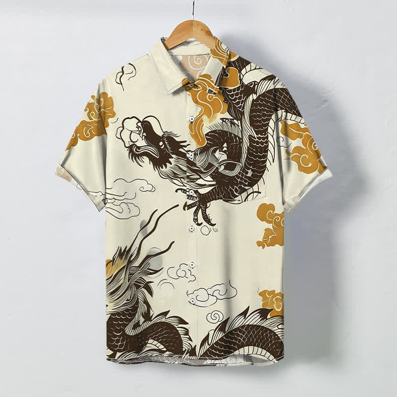 Buddha Stones Chemise à manches courtes pour homme, à boutons à motif de nuage de dragon oriental, infroissable - soie de maïs - US/UK/AU48，EU58 (4XL) - image 0