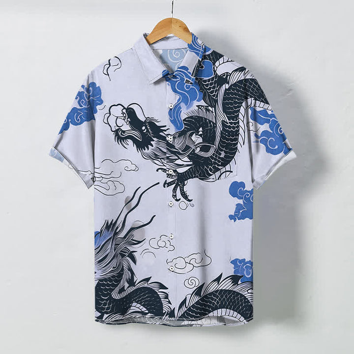 Buddha Stones Chemise à manches courtes pour homme, à boutons à motif de nuage de dragon oriental, infroissable - Bleu acier clair - US/UK/AU48，EU58 (4XL) - image 3