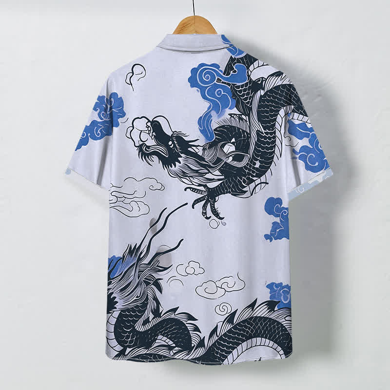 Buddha Stones Chemise à manches courtes pour homme, à boutons à motif de nuage de dragon oriental, infroissable - image 4
