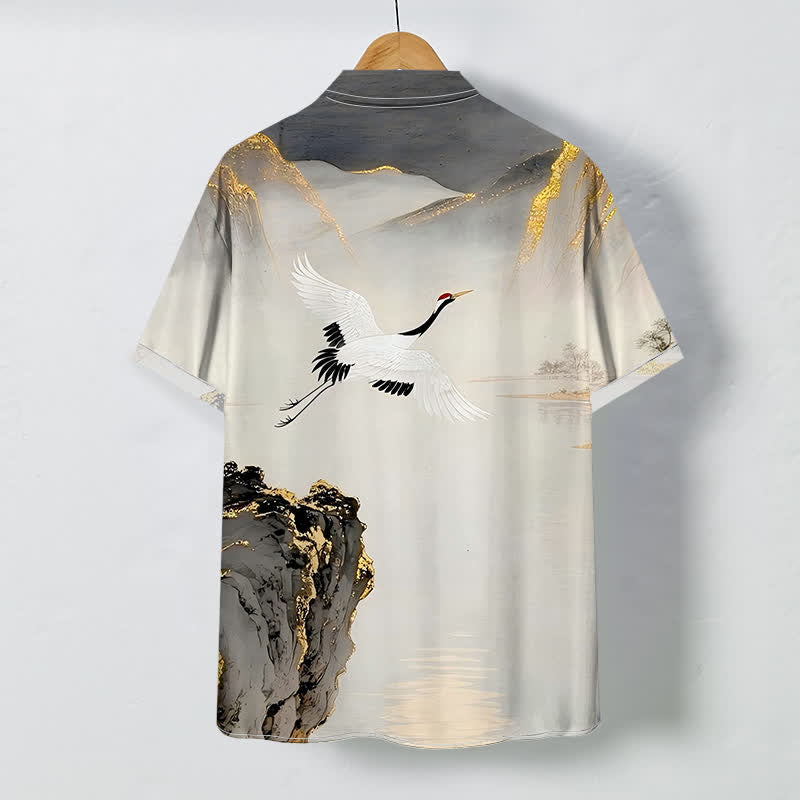 Buddha Stones Chemise à manches courtes pour homme, infroissable, avec boutons à motif de grues et de montagnes. - image 1