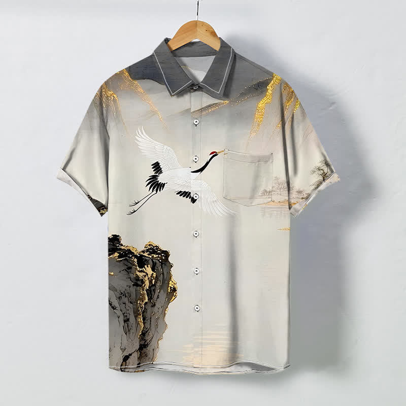 Buddha Stones Chemise à manches courtes pour homme, infroissable, avec boutons à motif de grues et de montagnes. - Gris - US/UK/AU48，EU58 (4XL) - image 0