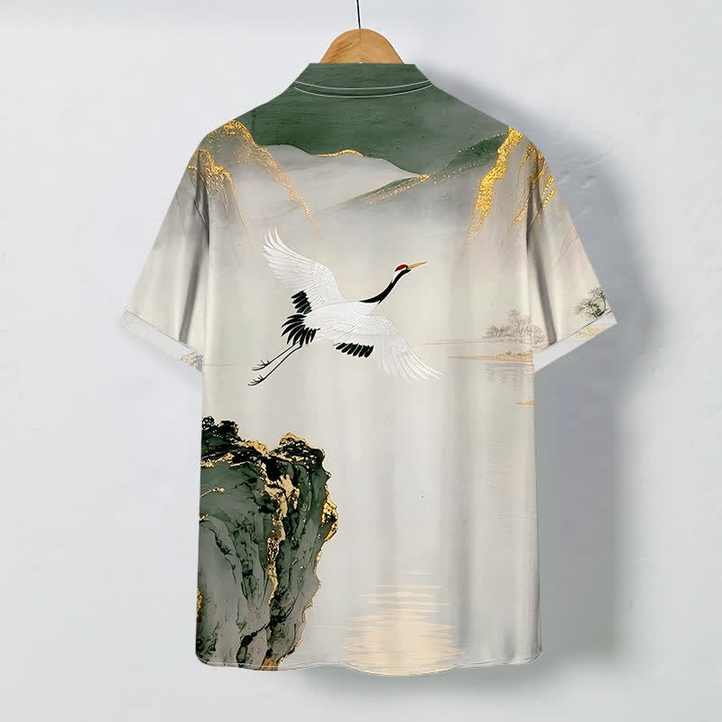 Buddha Stones Chemise à manches courtes pour homme, infroissable, avec boutons à motif de grues et de montagnes. - image 4