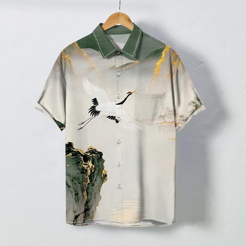 Buddha Stones Chemise à manches courtes pour homme, infroissable, avec boutons à motif de grues et de montagnes. - Vert foncé - US/UK/AU48，EU58 (4XL) - image 3