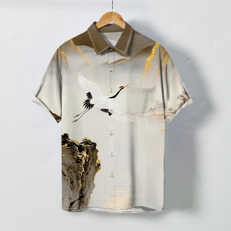 Buddha Stones Chemise à manches courtes pour homme, infroissable, avec boutons à motif de grues et de montagnes. - Terre de sienne - US/UK/AU48，EU58 (4XL) - image 6