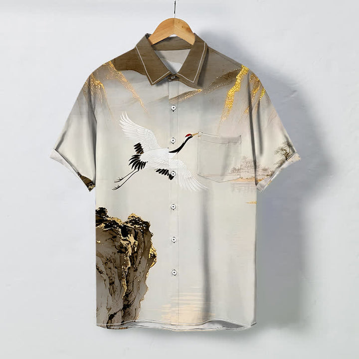 Buddha Stones Chemise à manches courtes pour homme, infroissable, avec boutons à motif de grues et de montagnes. - Terre de sienne - US/UK/AU48，EU58 (4XL) - image 6