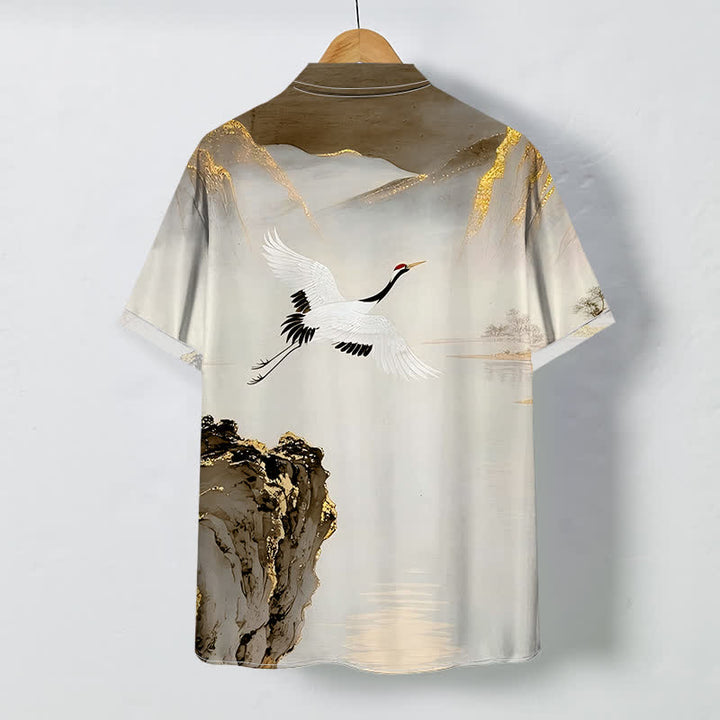 Buddha Stones Chemise à manches courtes pour homme, infroissable, avec boutons à motif de grues et de montagnes. - image 7