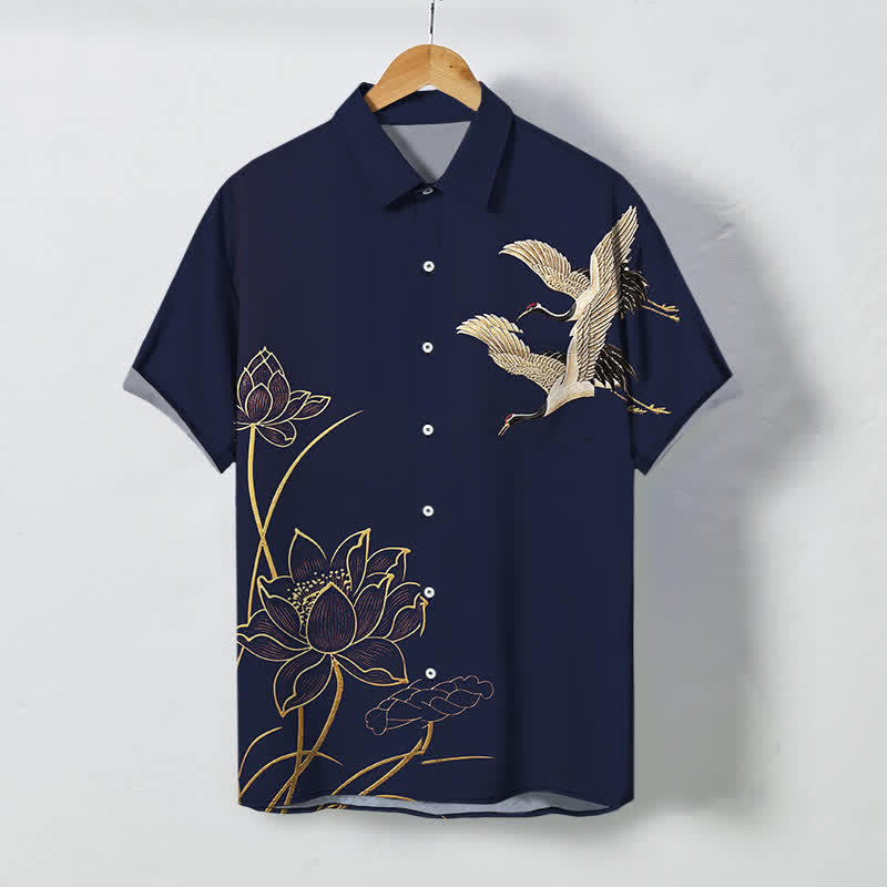 Buddha Stones Chemise à manches courtes respirante pour homme, à boutons et motif de grues et de lotus - Marine - US/UK/AU48，EU58 (4XL) - image 5