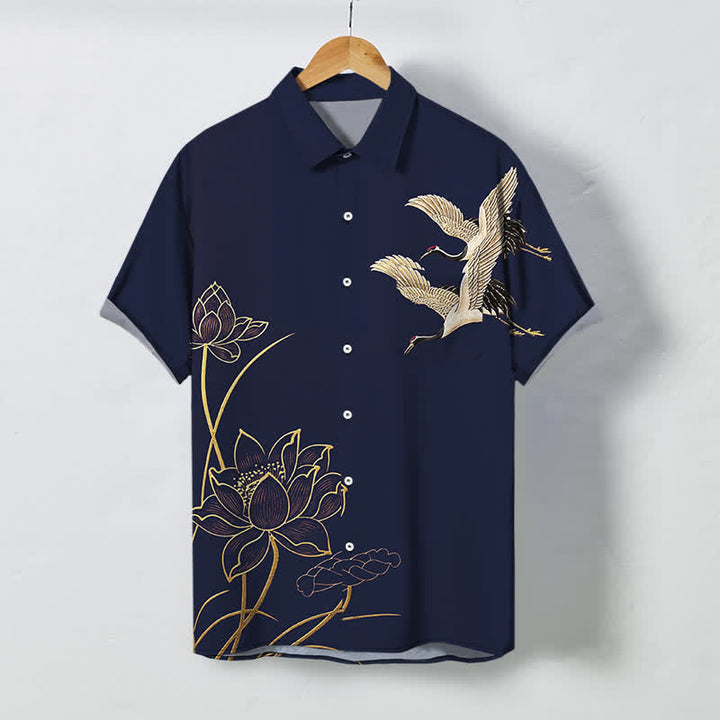 Buddha Stones Chemise à manches courtes respirante pour homme, à boutons et motif de grues et de lotus - Marine - US/UK/AU48，EU58 (4XL) - image 5