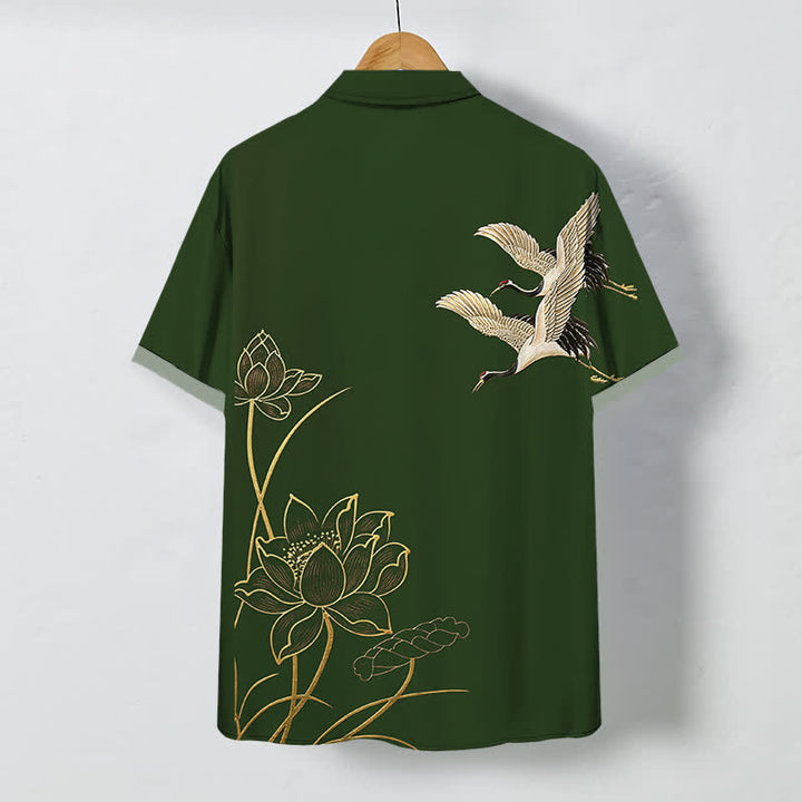 Buddha Stones Chemise à manches courtes respirante pour homme, à boutons et motif de grues et de lotus - image 11