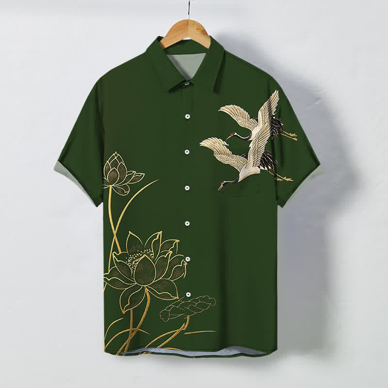 Buddha Stones Chemise à manches courtes respirante pour homme, à boutons et motif de grues et de lotus - Vert forêt - US/UK/AU48，EU58 (4XL) - image 10