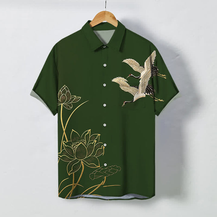 Buddha Stones Chemise à manches courtes respirante pour homme, à boutons et motif de grues et de lotus - Vert forêt - US/UK/AU48，EU58 (4XL) - image 10