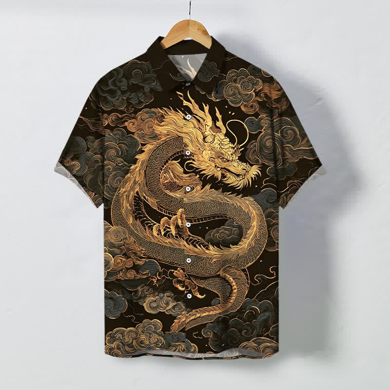 Buddha Stones Chemise à manches courtes pour homme, infroissable, avec boutons à motif de nuage de dragon doré - SaddleBrown - US/UK/AU48，EU58 (4XL) - image 0