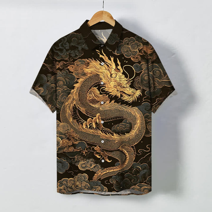 Buddha Stones Chemise à manches courtes pour homme, infroissable, avec boutons à motif de nuage de dragon doré - SaddleBrown - US/UK/AU48，EU58 (4XL) - image 0