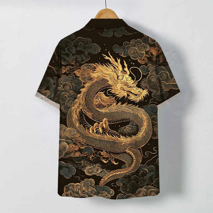 Buddha Stones Chemise à manches courtes pour homme, infroissable, avec boutons à motif de nuage de dragon doré - image 1