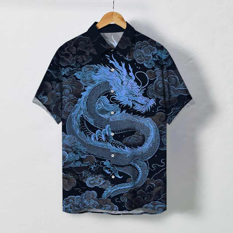 Buddha Stones Chemise à manches courtes pour homme, infroissable, avec boutons à motif de nuage de dragon doré - Marine - US/UK/AU48，EU58 (4XL) - image 10