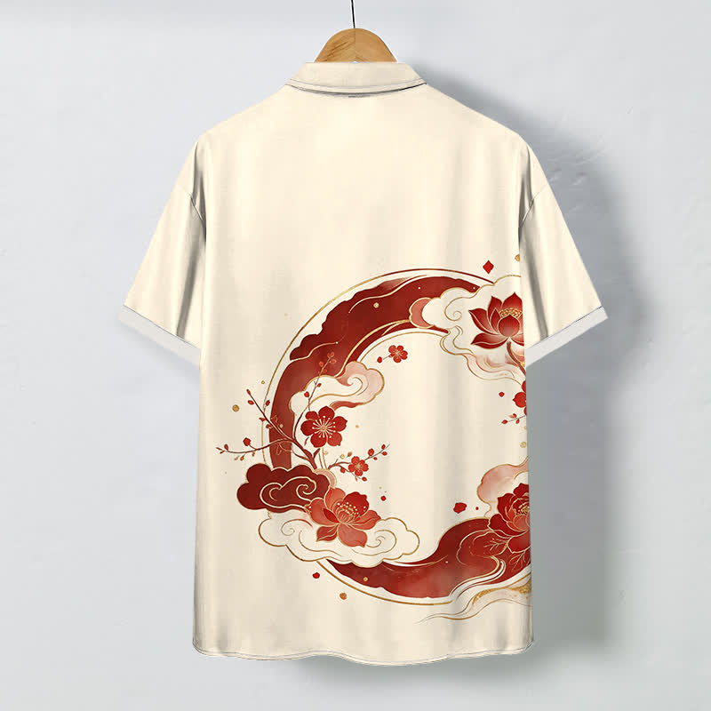 Buddha Stones Chemise à manches courtes respirante pour homme, à boutons et motif floral oriental lotus, fleurs de pêcher et nuages - image 1