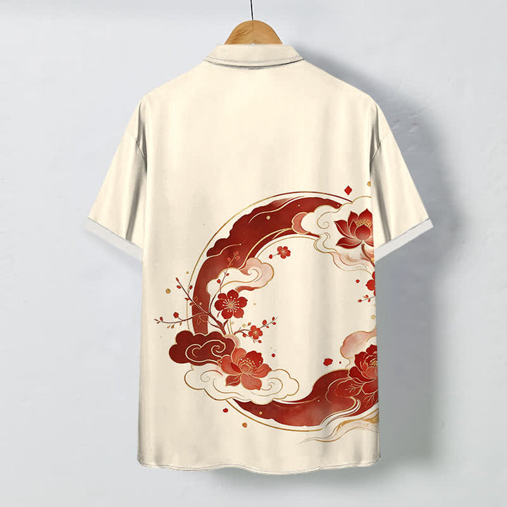 Buddha Stones Chemise à manches courtes respirante pour homme, à boutons et motif floral oriental lotus, fleurs de pêcher et nuages - image 1