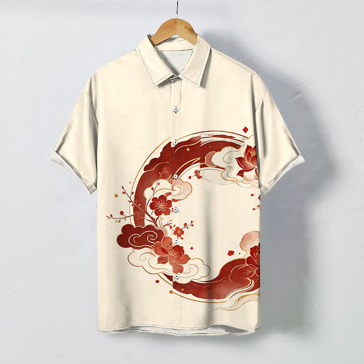 Buddha Stones Chemise à manches courtes respirante pour homme, à boutons et motif floral oriental lotus, fleurs de pêcher et nuages - Ivoire - US/UK/AU48，EU58 (4XL) - image 0
