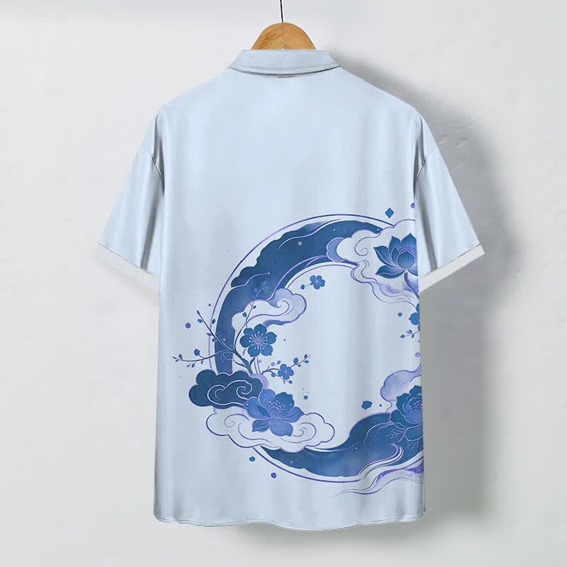 Buddha Stones Chemise à manches courtes respirante pour homme, à boutons et motif floral oriental lotus, fleurs de pêcher et nuages - image 4