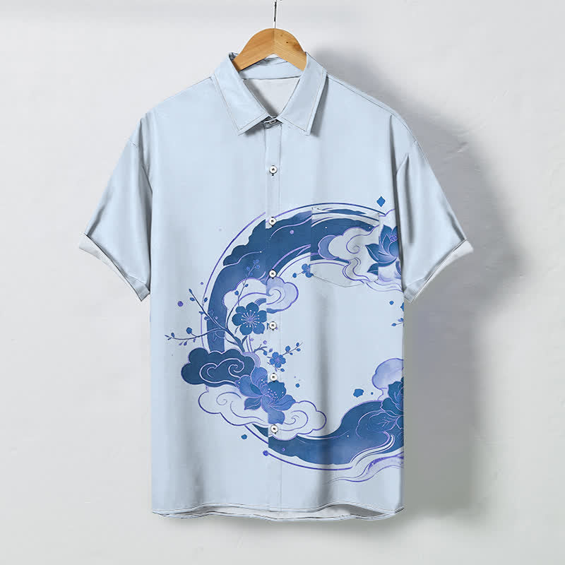 Buddha Stones Chemise à manches courtes respirante pour homme, à boutons et motif floral oriental lotus, fleurs de pêcher et nuages - Bleu clair - US/UK/AU48，EU58 (4XL) - image 3