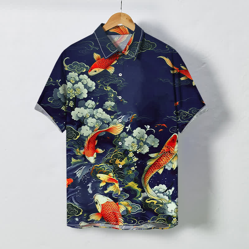 Buddha Stones Chemise à manches courtes pour homme, infroissable, avec boutons et motif floral blanc, ornée de carpes koï rouges et de vagues. - Marine - US/UK/AU48，EU58 (4XL) - image 3