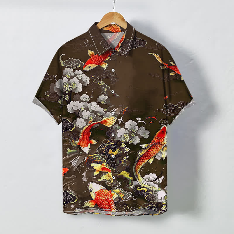 Buddha Stones Chemise à manches courtes pour homme, infroissable, avec boutons et motif floral blanc, ornée de carpes koï rouges et de vagues. - SaddleBrown - US/UK/AU48，EU58 (4XL) - image 6