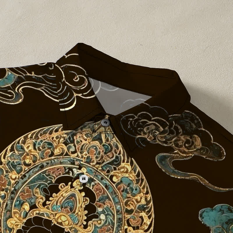 Buddha Stones Chemise à manches courtes pour homme, boutons à motif de nuage de Bouddha doré, infroissable - image 2