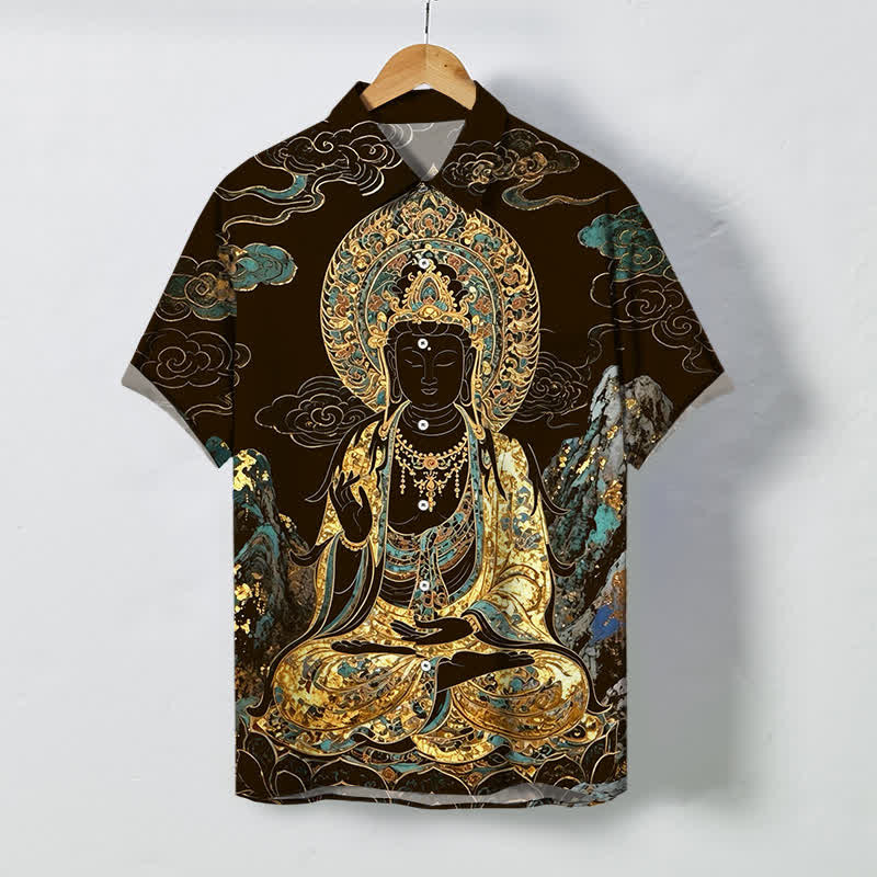 Buddha Stones Chemise à manches courtes pour homme, boutons à motif de nuage de Bouddha doré, infroissable - SaddleBrown - US/UK/AU48，EU58 (4XL) - image 0