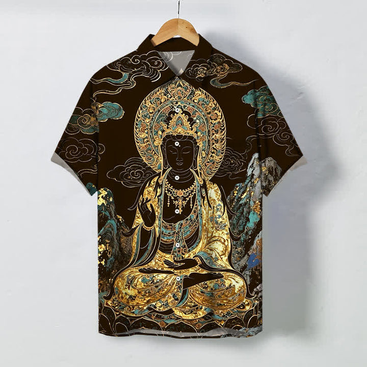 Buddha Stones Chemise à manches courtes pour homme, boutons à motif de nuage de Bouddha doré, infroissable - SaddleBrown - US/UK/AU48，EU58 (4XL) - image 0