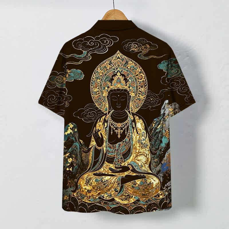 Buddha Stones Chemise à manches courtes pour homme, boutons à motif de nuage de Bouddha doré, infroissable - image 1