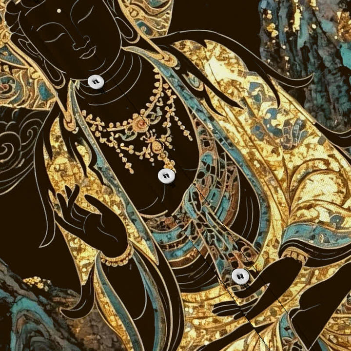 Buddha Stones Chemise à manches courtes pour homme, boutons à motif de nuage de Bouddha doré, infroissable - image 3