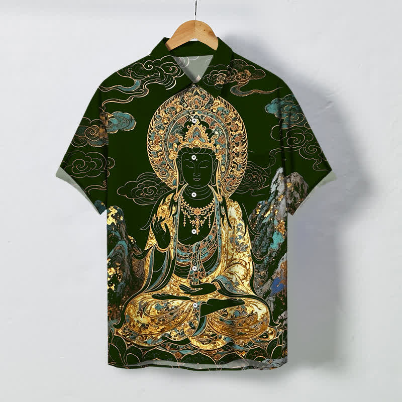 Buddha Stones Chemise à manches courtes pour homme, boutons à motif de nuage de Bouddha doré, infroissable - Vert foncé - US/UK/AU48，EU58 (4XL) - image 5