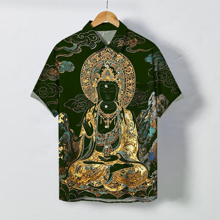 Buddha Stones Chemise à manches courtes pour homme, boutons à motif de nuage de Bouddha doré, infroissable - Vert foncé - US/UK/AU48，EU58 (4XL) - image 5