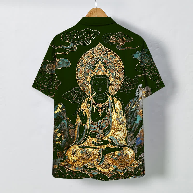 Buddha Stones Chemise à manches courtes pour homme, boutons à motif de nuage de Bouddha doré, infroissable - image 6