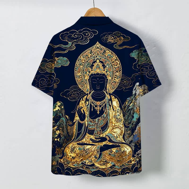 Buddha Stones Chemise à manches courtes pour homme, boutons à motif de nuage de Bouddha doré, infroissable - image 11