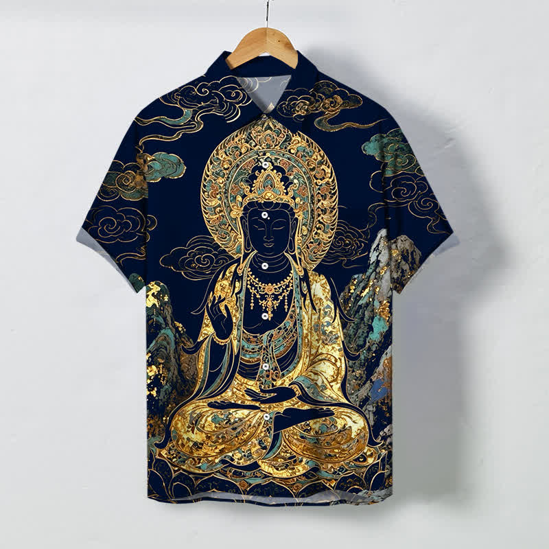 Buddha Stones Chemise à manches courtes pour homme, boutons à motif de nuage de Bouddha doré, infroissable - Bleu nuit - US/UK/AU48，EU58 (4XL) - image 10