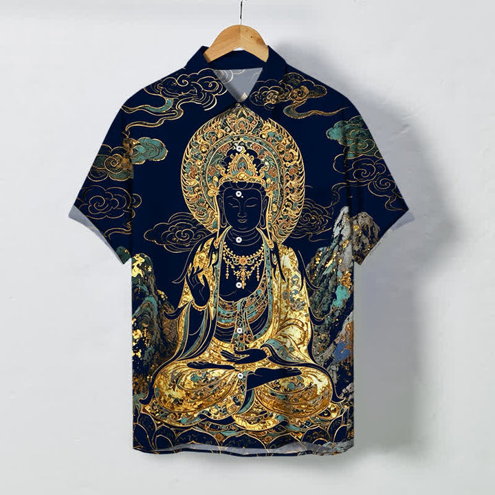 Buddha Stones Chemise à manches courtes pour homme, boutons à motif de nuage de Bouddha doré, infroissable - Bleu nuit - US/UK/AU48，EU58 (4XL) - image 10