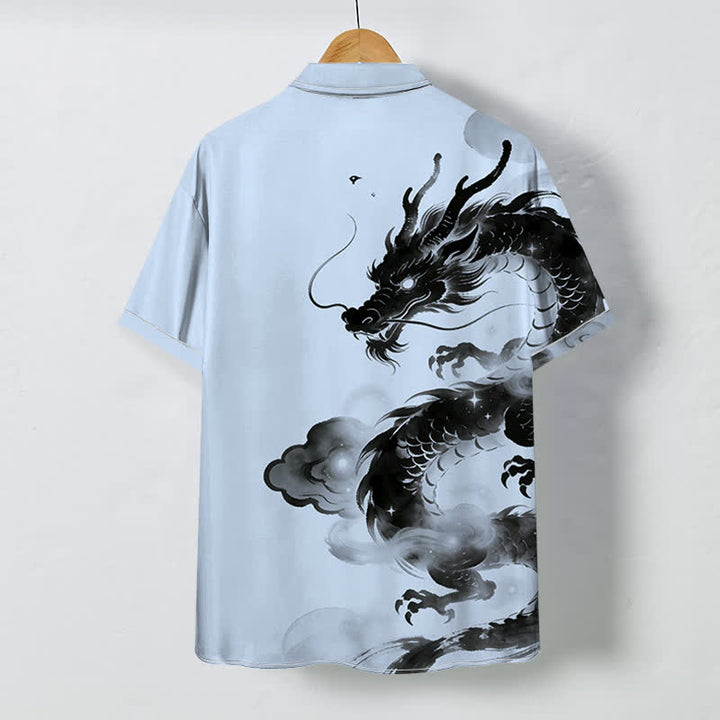 Buddha Stones Chemise à manches courtes pour homme, infroissable, avec boutons à motif de nuage de dragon à l'encre - image 1