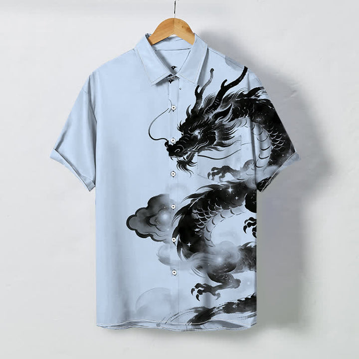 Buddha Stones Chemise à manches courtes pour homme, infroissable, avec boutons à motif de nuage de dragon à l'encre - Bleu clair - US/UK/AU48，EU58 (4XL) - image 0