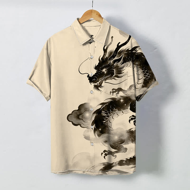 Buddha Stones Chemise à manches courtes pour homme, infroissable, avec boutons à motif de nuage de dragon à l'encre - Lin - US/UK/AU48，EU58 (4XL) - image 3