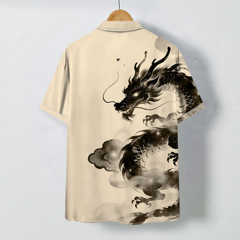 Buddha Stones Chemise à manches courtes pour homme, infroissable, avec boutons à motif de nuage de dragon à l'encre - image 4