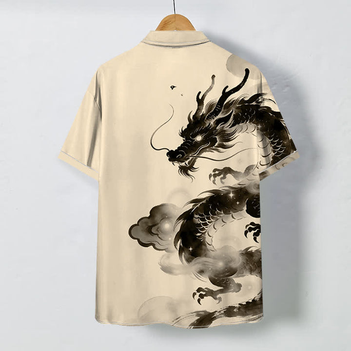 Buddha Stones Chemise à manches courtes pour homme, infroissable, avec boutons à motif de nuage de dragon à l'encre - image 4