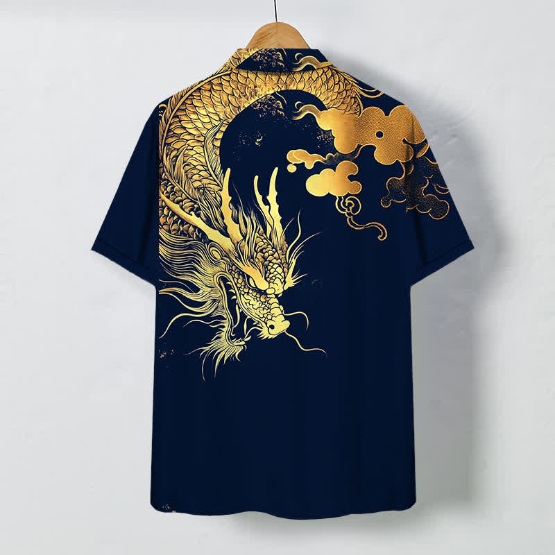 Buddha Stones Chemise à manches courtes pour homme, infroissable, avec boutons à motif de nuage de dragon doré - image 1