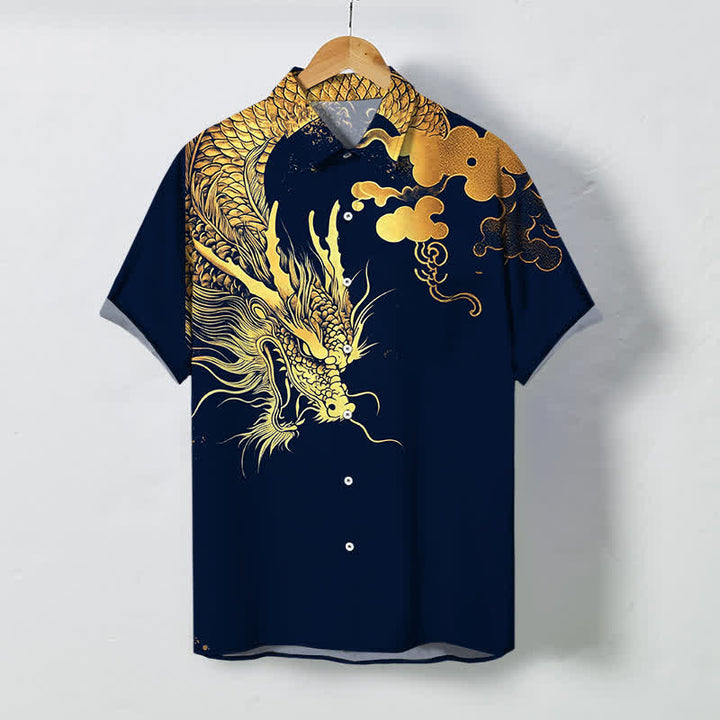 Buddha Stones Chemise à manches courtes pour homme, infroissable, avec boutons à motif de nuage de dragon doré - Marine - US/UK/AU48，EU58 (4XL) - image 0