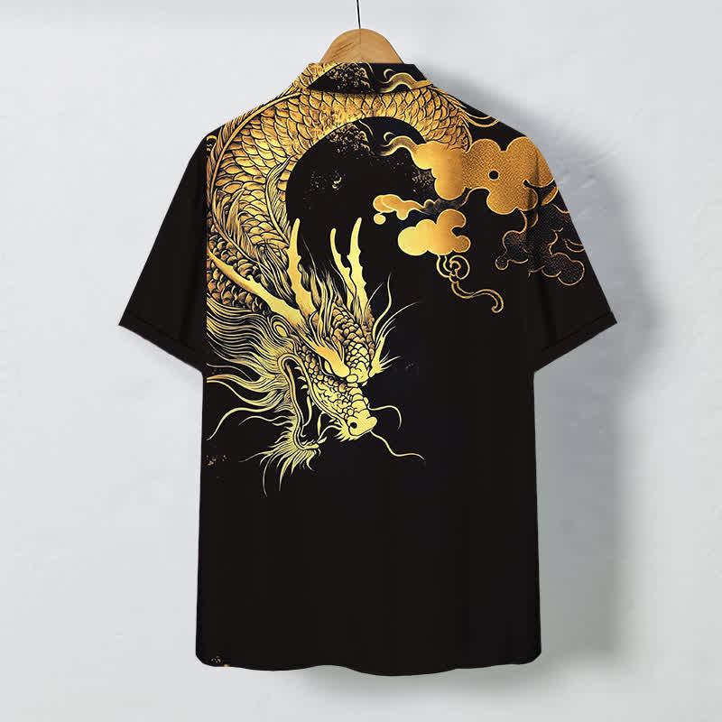 Buddha Stones Chemise à manches courtes pour homme, infroissable, avec boutons à motif de nuage de dragon doré - image 6