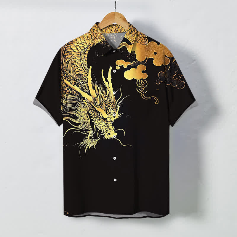 Buddha Stones Chemise à manches courtes pour homme, infroissable, avec boutons à motif de nuage de dragon doré - Noir - US/UK/AU48，EU58 (4XL) - image 5