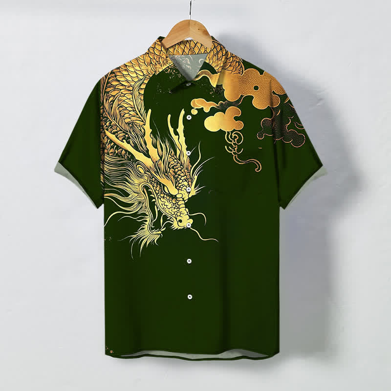 Buddha Stones Chemise à manches courtes pour homme, infroissable, avec boutons à motif de nuage de dragon doré - Vert foncé - US/UK/AU48，EU58 (4XL) - image 10