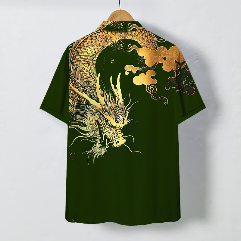 Buddha Stones Chemise à manches courtes pour homme, infroissable, avec boutons à motif de nuage de dragon doré - image 11